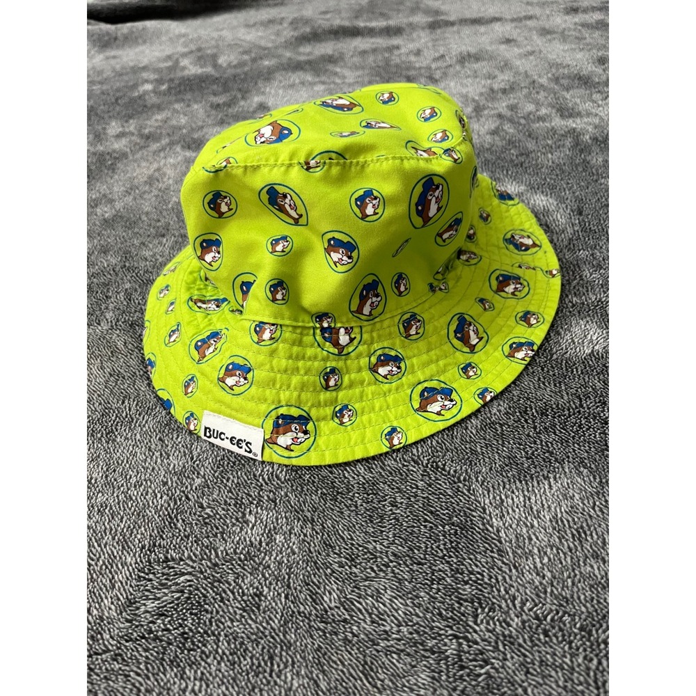 Buc-ee's Kids Beaver Mascot Bucket Hat Neon Lime Green Blue Sun Hat Chin Strap